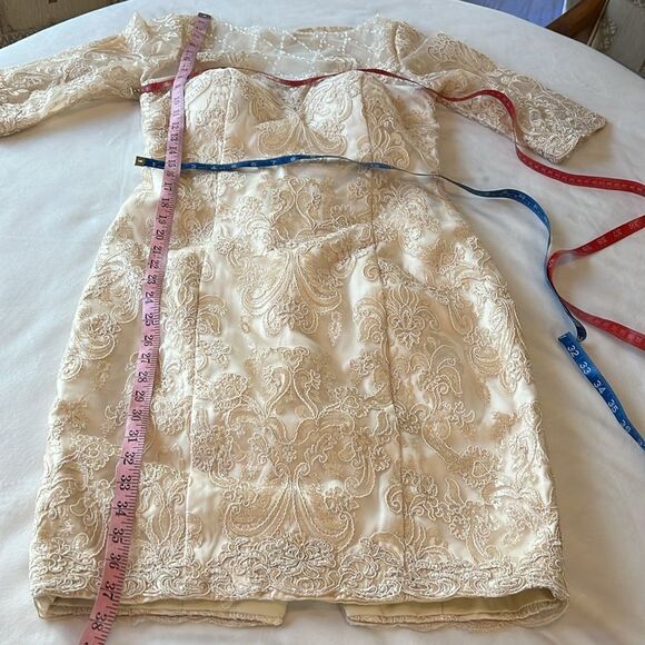 Wedding Dress Champagne Beige Boat Neck 3/4 Sleeve Corset Tie Back Midi - Picture 14 of 14